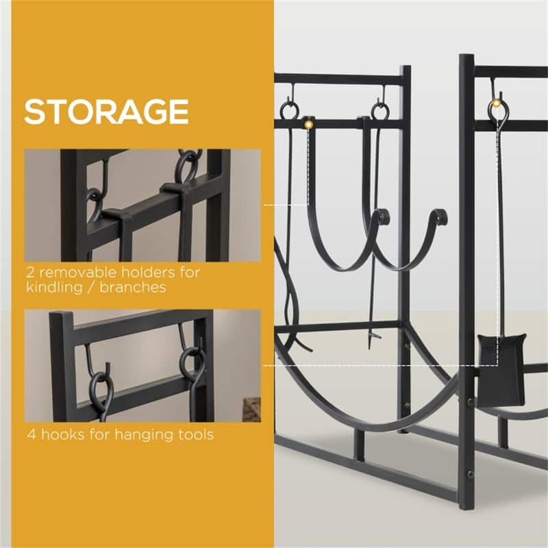 Steel Firewood Rack with Elevated Shelves and Fireplace Tool Set Indoor and Outdoor Black - 33" L x 13" W x 30" H