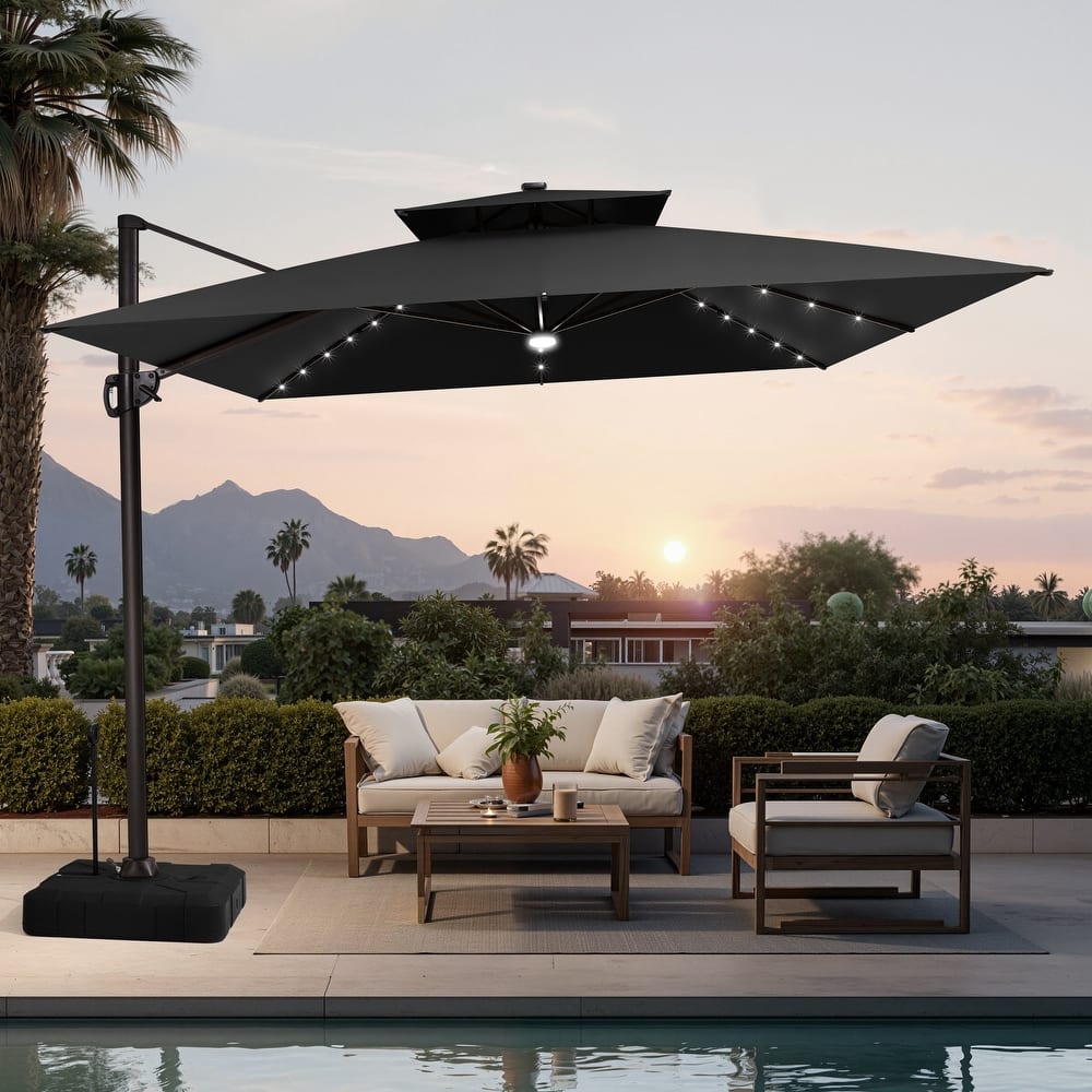 11 FT Outdoor Square Solar-powered LED Double Top Patio Cantilever Offset Umbrella and Base with Wheels and Drag Rod
