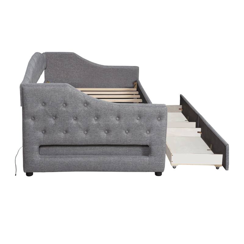 Modern Linen Upholstered Daybed with LED Light Strip, Button-Tufted Backrest Sofa Bed Optional Trundle Bed or Storage Drawers