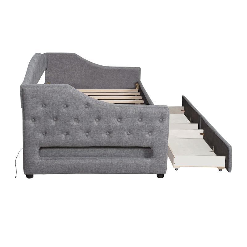 Roomfitters Full/Twin XL Size Upholstered Daybed with Trundle and Ambient Light Feature