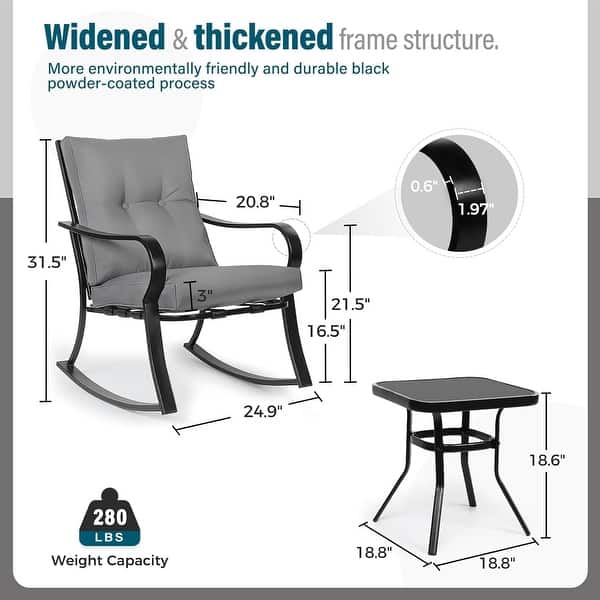 dimension image slide 2 of 3, Solaura 3-piece Outdoor Patio Rocking Chairs Conversation Bistro Set