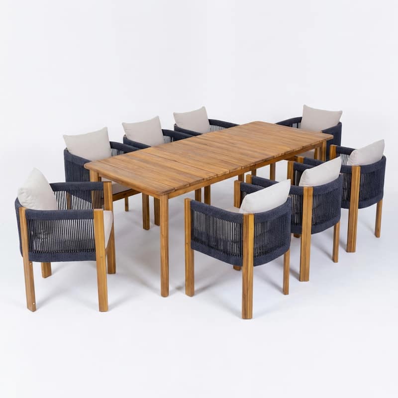 Christopher Knight Home - Aurelia Modern Acacia Wood Outdoor 9-Piece Dining Set with Woven Rope Back Chairs and Cushions