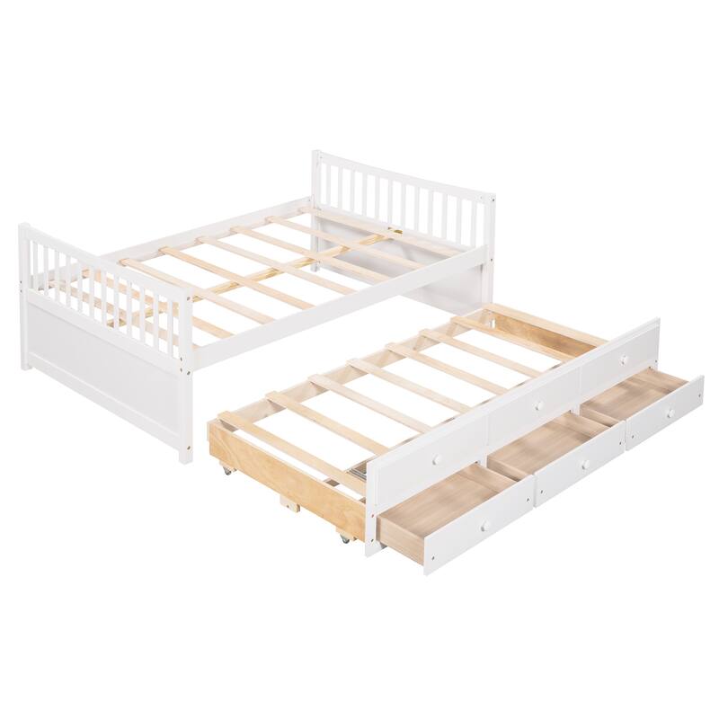 Wooden Twin/Full Size Daybed with Pull-Out Trundle & Drawers, No Box Spring Needed