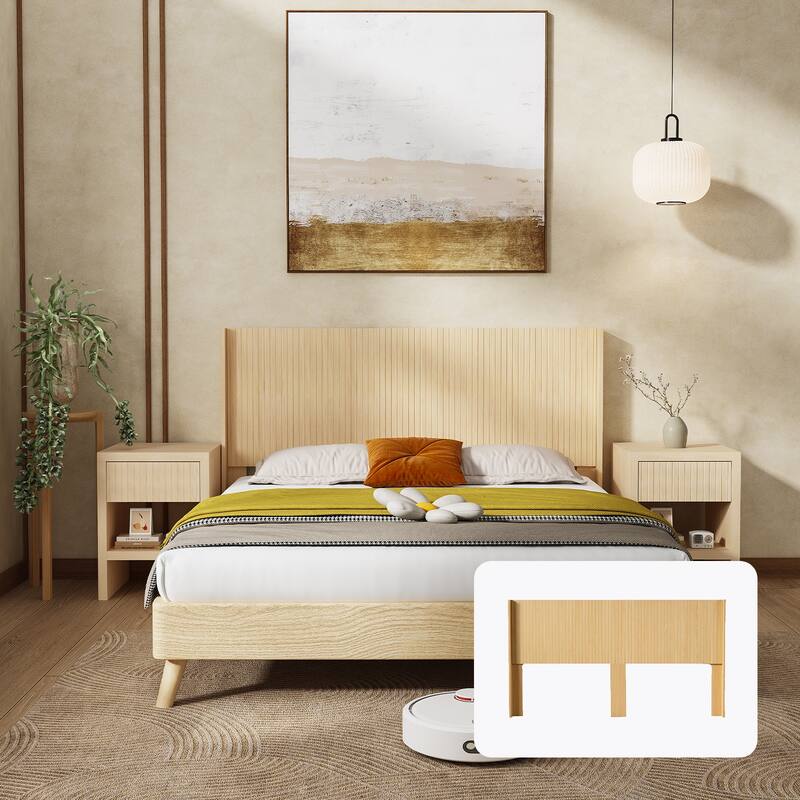 Wood Headboard King Size,80.2" Wide Wooden King Headboard,Modern Farmhouse,Wall Mounted Fluted Panel,Wingback Boho Headboards - Light Natural