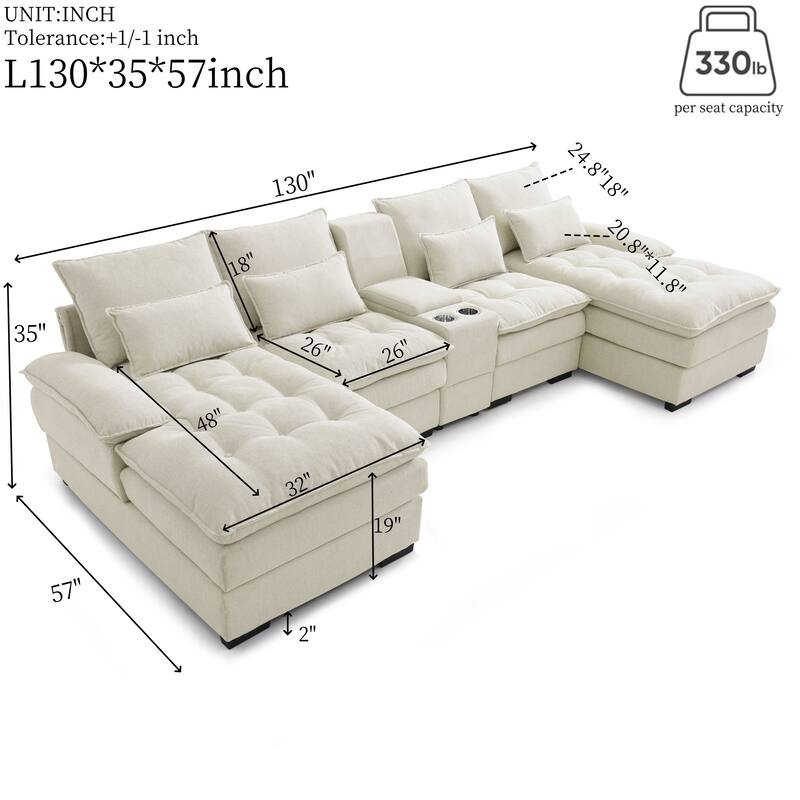U-shaped Sectional Sofa with Chaise, Built-in Storage Console and Cup Holders, Linen Double-Layer Cushioning Lounge Couch