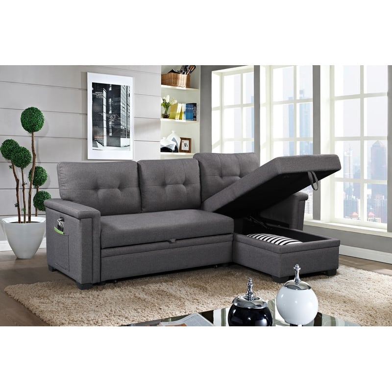 Ashlyn 84-inch Dark Gray Reversible Sleeper Sectional Sofa with Storage Chaise and USB Charging Ports - 84"W x 54"D x 35"H