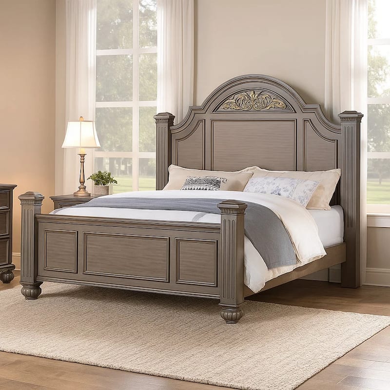 Recus Queen Bed, Carved Floral Details, Arched Headboard, Gray Wood
