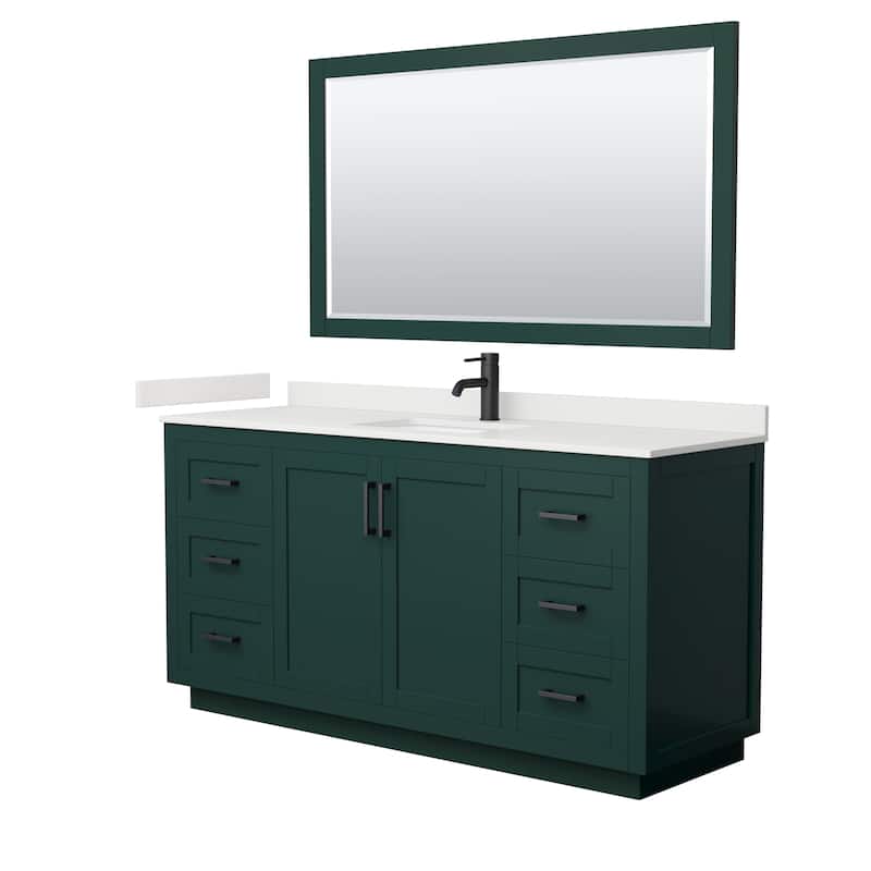 Miranda 66-inch Single Vanity, Quartz Top, 58-inch Mirror - Green, Black Trim, White Quartz Top