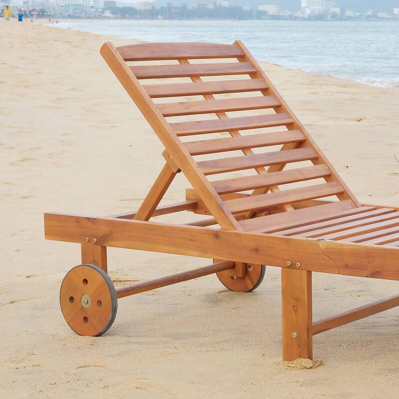 Foldable Wood Outdoor Chaise Lounge with Wheels and 4-Position Adjustable Backrest for Patio Poolside or Beach
