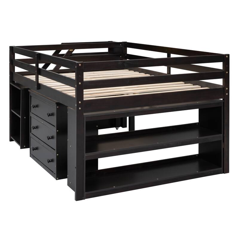 Loft Bed with Retractable Desk Drawers Shelf Staircase Full Size