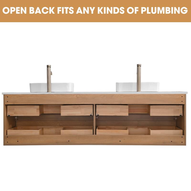 84" Floating Bathroom Vanity Quartz Counter Top with Double Ceramic Vessel Sink