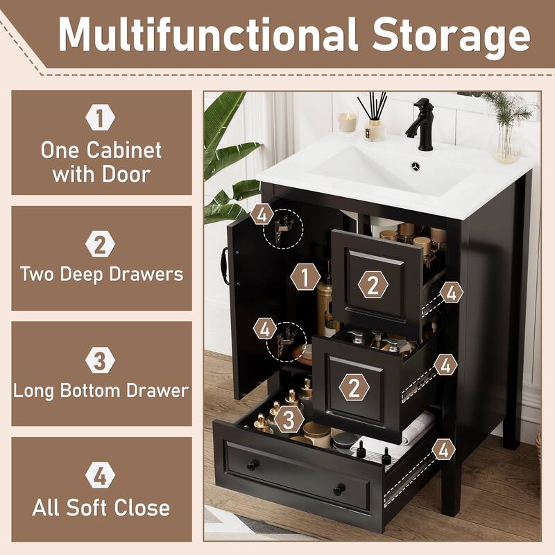 24 inch Bathroom Vanity with Sink, One Cabinet with Soft-closing Door, 3 Soft-closing Drawers, Retro Metal Handles