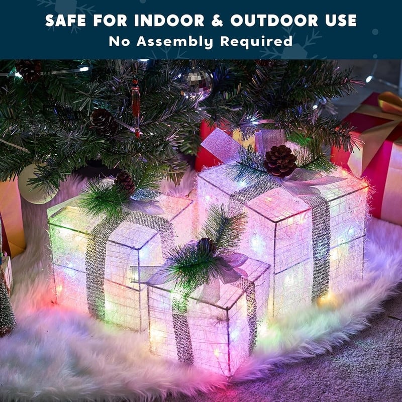 Christmas Lighted Gift Boxes - Set of 3 Iridescent Present Boxes for Indoor Holiday Décor