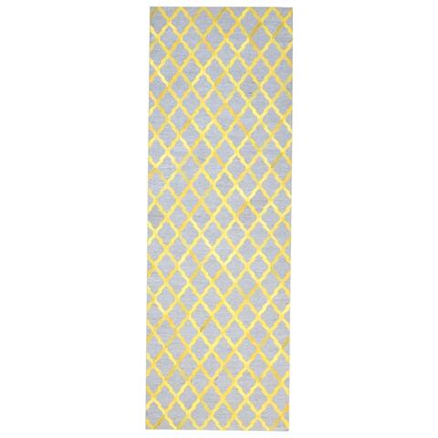 One of a Kind Hand-Woven Modern 10' Runner Trellis Leather Yellow Rug - 3' x 9'