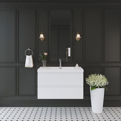 ABRUZZO 36" Floating Single Bathroom Vanity Wall-Mounted with Integrated Resin Top Basin 2 Soft Close Drawers Full Assembly