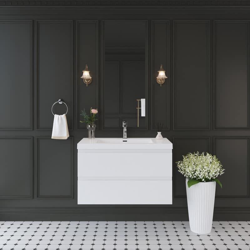 ABRUZZO 36" Floating Single Bathroom Vanity Wall-Mounted with Integrated Resin Top Basin 2 Soft Close Drawers Full Assembly