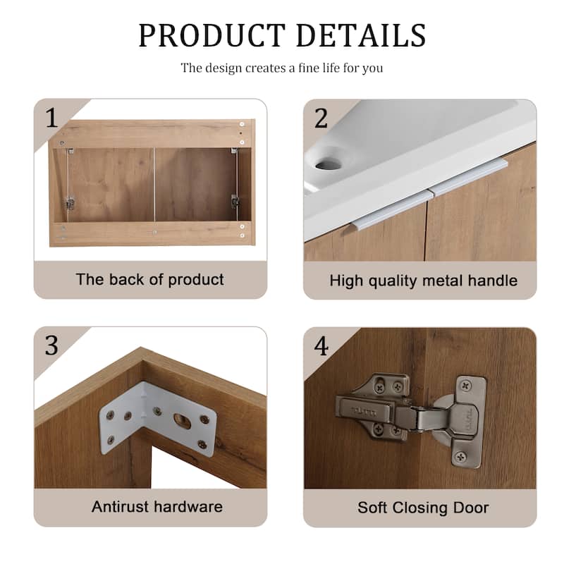 BNK 24"/30"/36" Single Sink Bathroom Vanity with Soft Close Door, Modern Floating Vanity