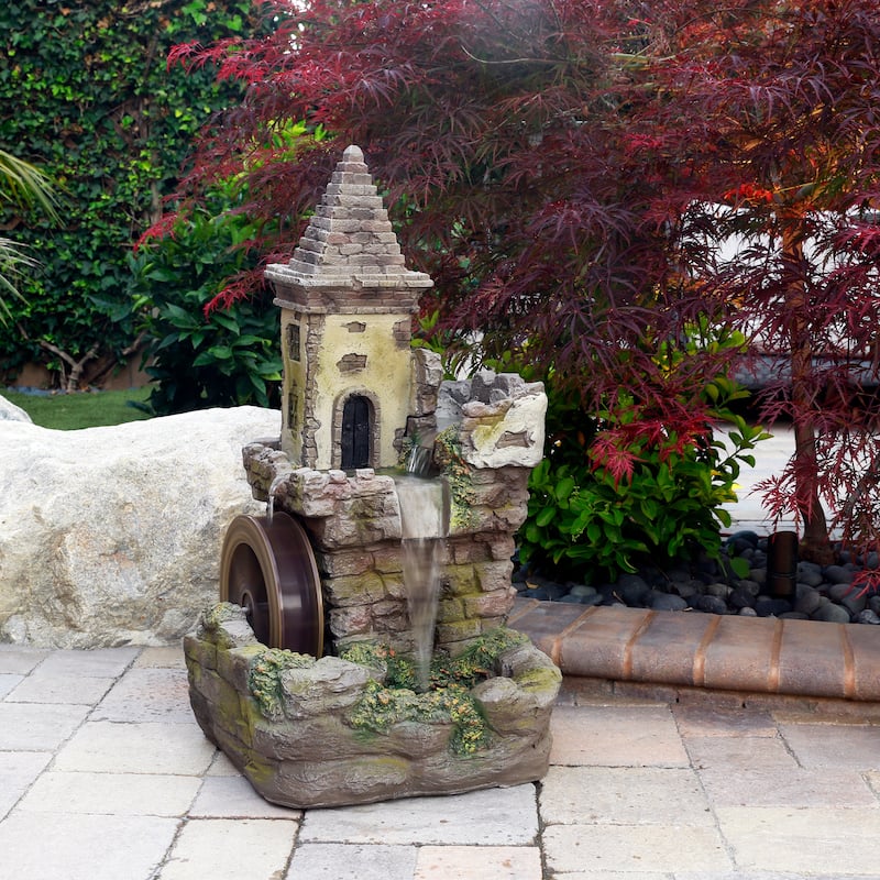 Alpine Corporation USA1368 35" Brown Tower Castle Fountain with Color Changing LED Lights - Brown - Floor