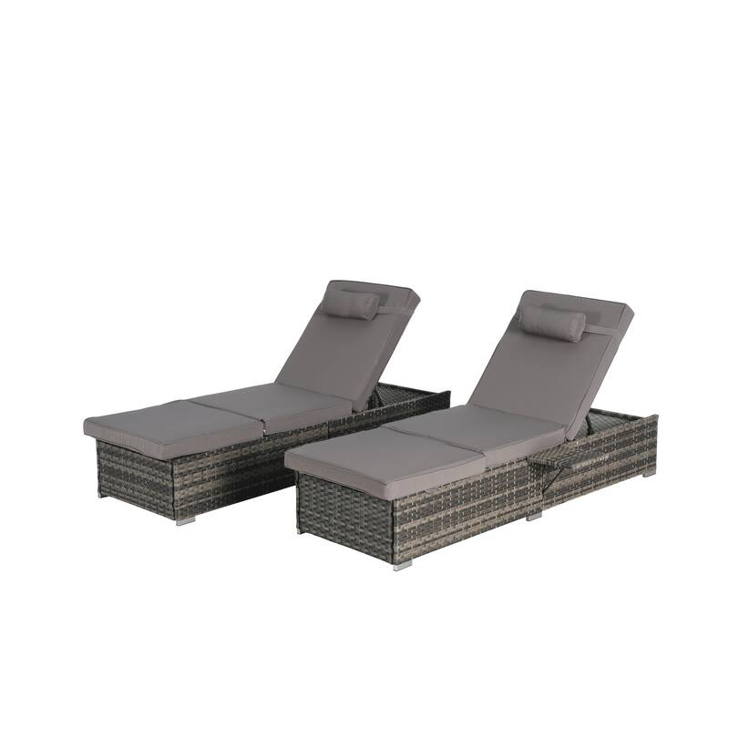 Outdoor Chaise Lounge Chair Set of 2 with Storage Patio Pool Chairs Tanning Lounges for Outside, Beach Rattan Recliners