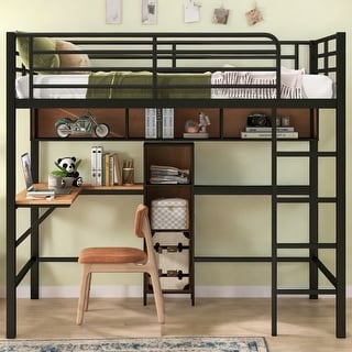 Multi -functional Full Size Metal and Wood Loft Bed with L-Shaped Desk, Shelves & Guardrails, Safety Guaranteed, Black+Brown