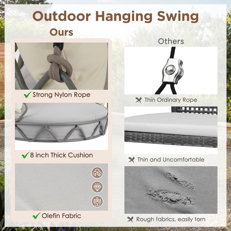 Beige Hanging Swing Chair with Thick Cushion and Rope Suspension for Patio Balcony or Living Room - 34”L x 32”W x 49.8”H