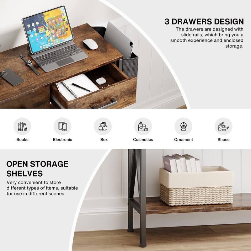 47" Console Table with 3 Tier Storage Shelves, Industrial Entryway Table with 3 Drawers