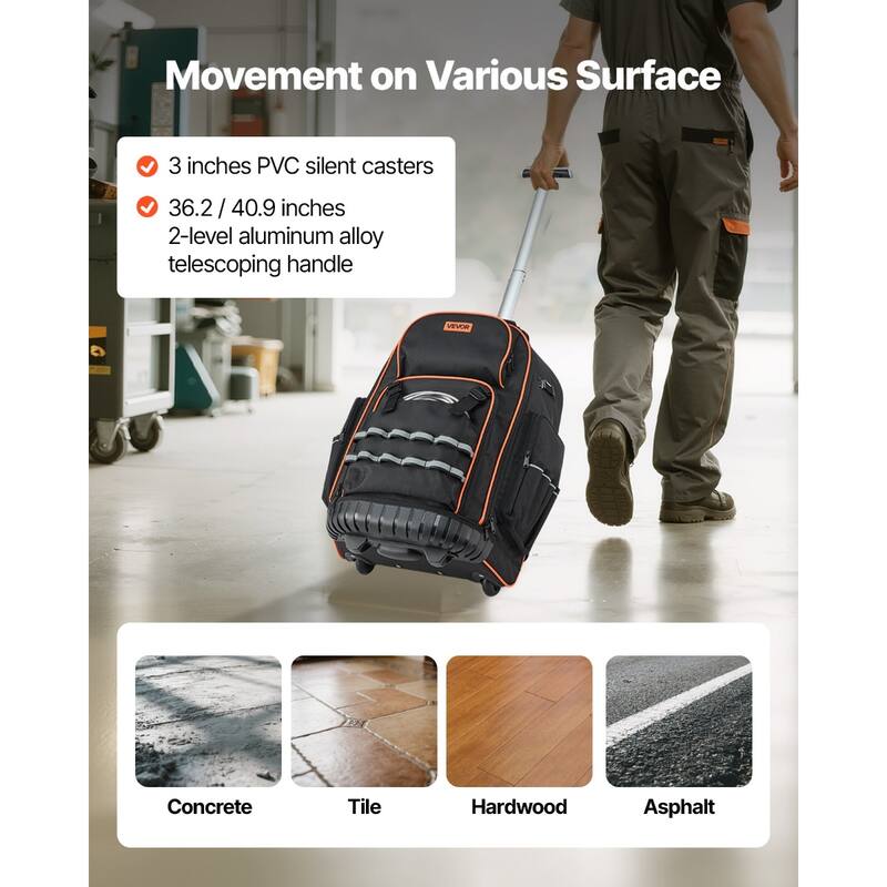 Heavy Duty Rolling Tool Bag with 72 Pockets for Easy Organization - 17.7 x 10.82 x 22 in