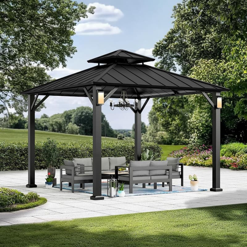Hardtop Gazebo 10' x 10', Permanent Metal Gazebo with 4 LED Lights, Outdoor Pavilion with Galvanized Steel Roof for Backyard