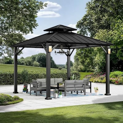 Hardtop Gazebo 10' x 10', Permanent Metal Gazebo with 4 LED Lights, Outdoor Pavilion with Galvanized Steel Roof for Backyard