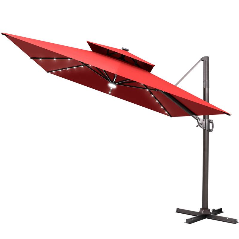 9 FT x 11 FT Outdoor Double Top LED Lighted Patio Cantilever Umbrella - Red