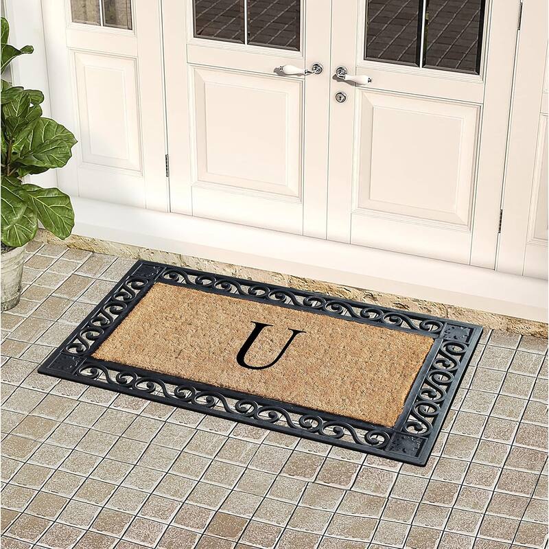 A1HC Rubber and Coir Maple Leaf, Heavy Weight Durable Monogrammed Doormat, 23"X38" Black