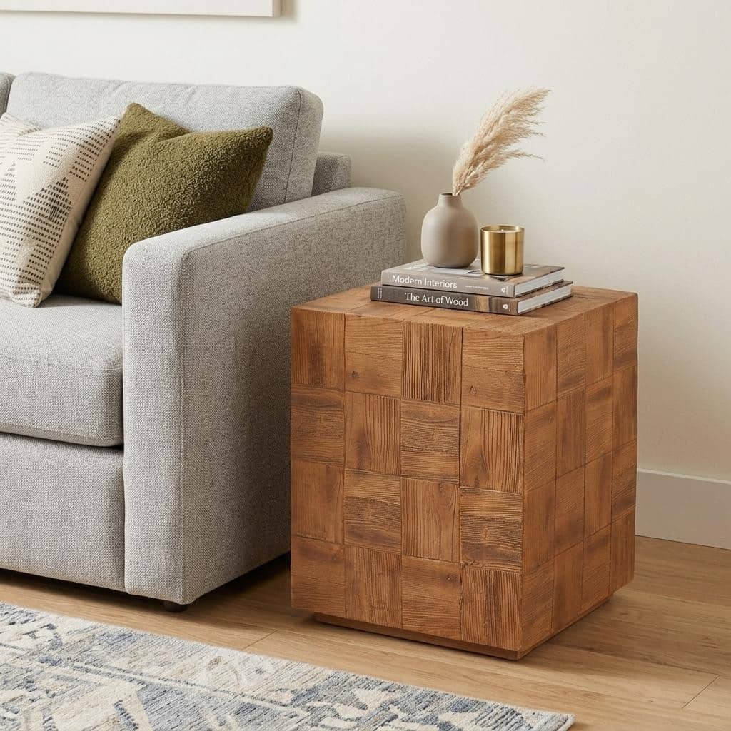HomeRoots 22" Natural Faux Wood Steel Block End Table - 16.00 in. x 22.00 in. x 16.00 in.