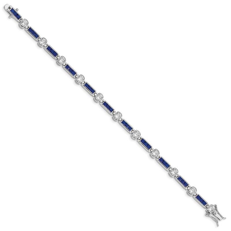 Curata 925 Sterling Silver Polished Open back Safety bar Box Catch Closure Blue and Clear CZ Cubic Zirconia Simulated Diamond