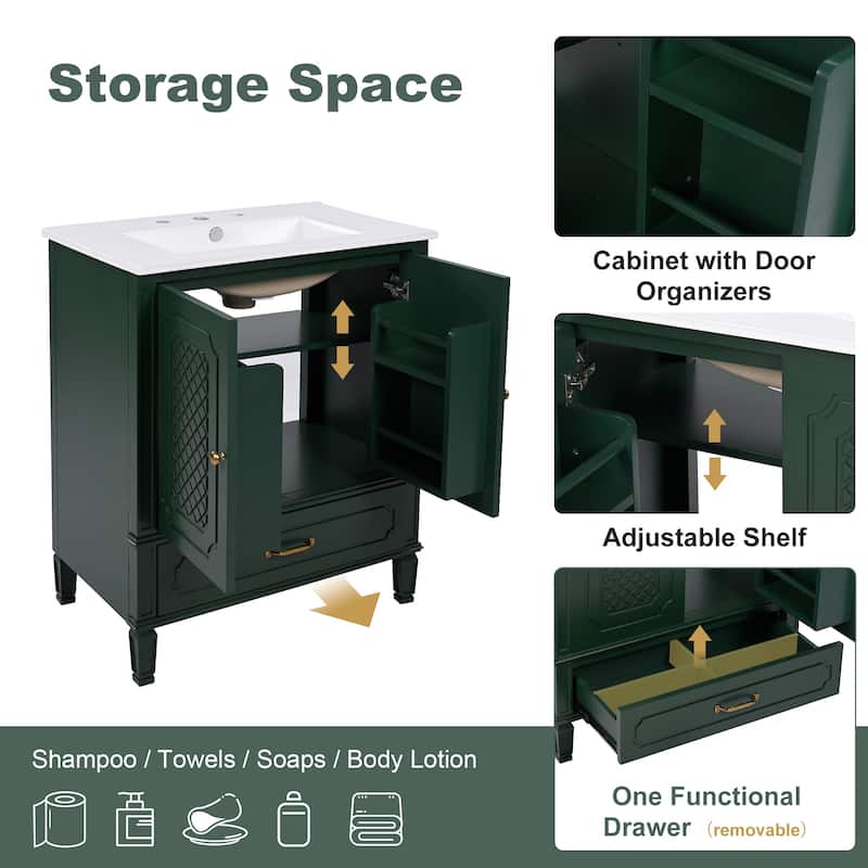 30'' Bathroom Vanity with Ceramic Sink, Solid Wood Frame, Storage Cabinet with Drawer, Door Shelf & Soft-Close Doors