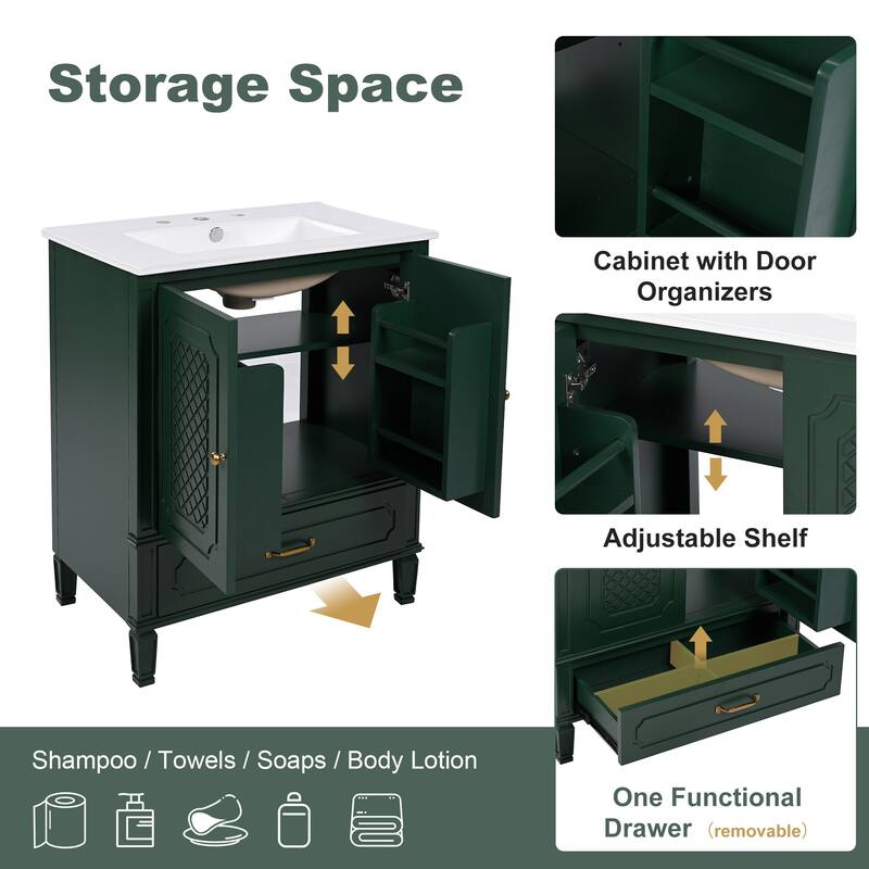 Roomfitters 30" Vintage Style Bathroom Vanity with Ceramic Sink, Customizable Storage Drawer and Soft-Close Door