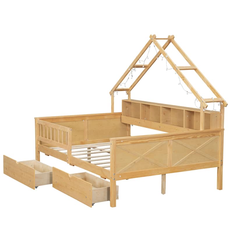 Wood Platform Bed Frame with LED Light and Guardrail, Full Size House Bed with Storage Shelves & Drawers for Kids Girls Boys