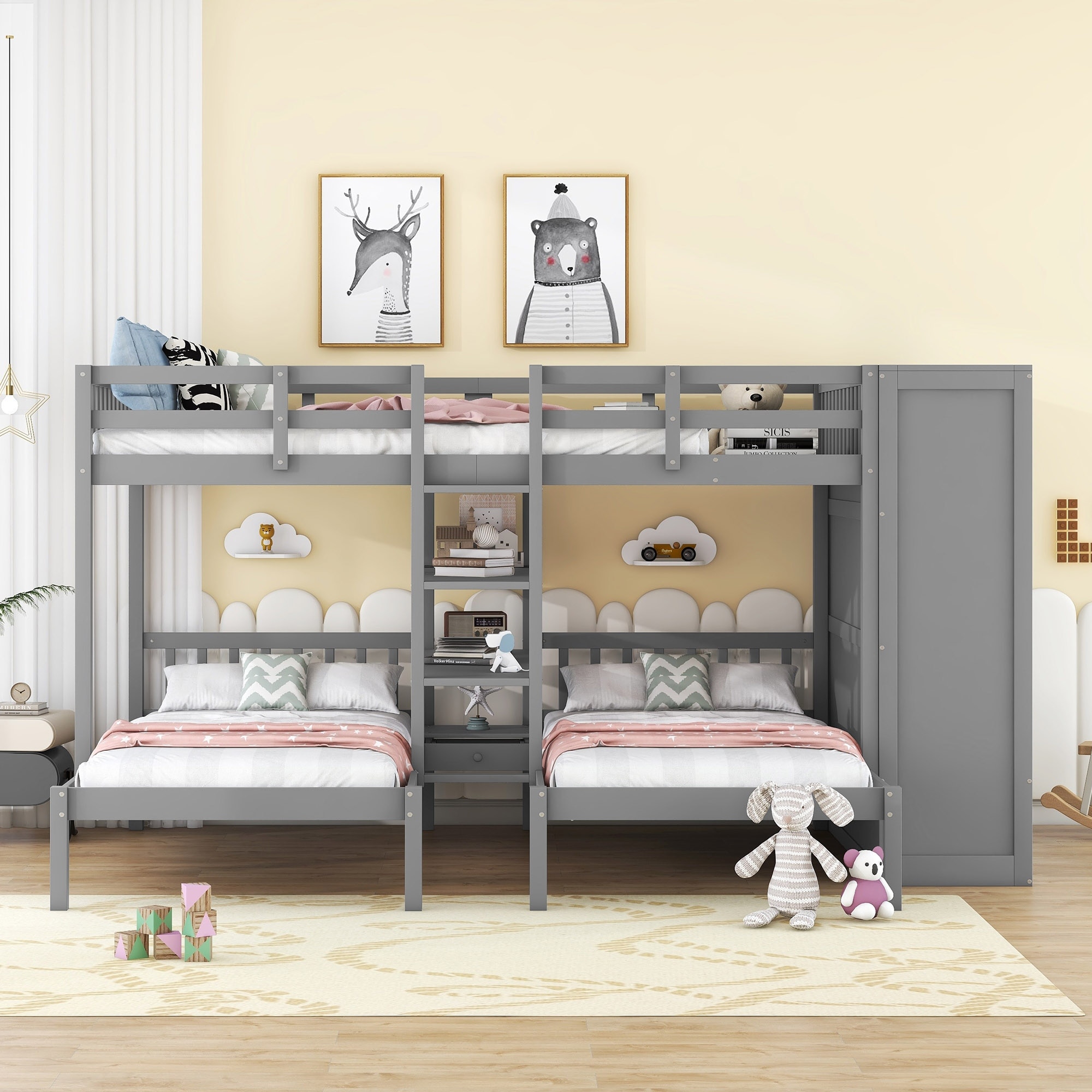 Bunk Bed with Wardrobe Shelf Mirror Full Over Twin Twin Gray