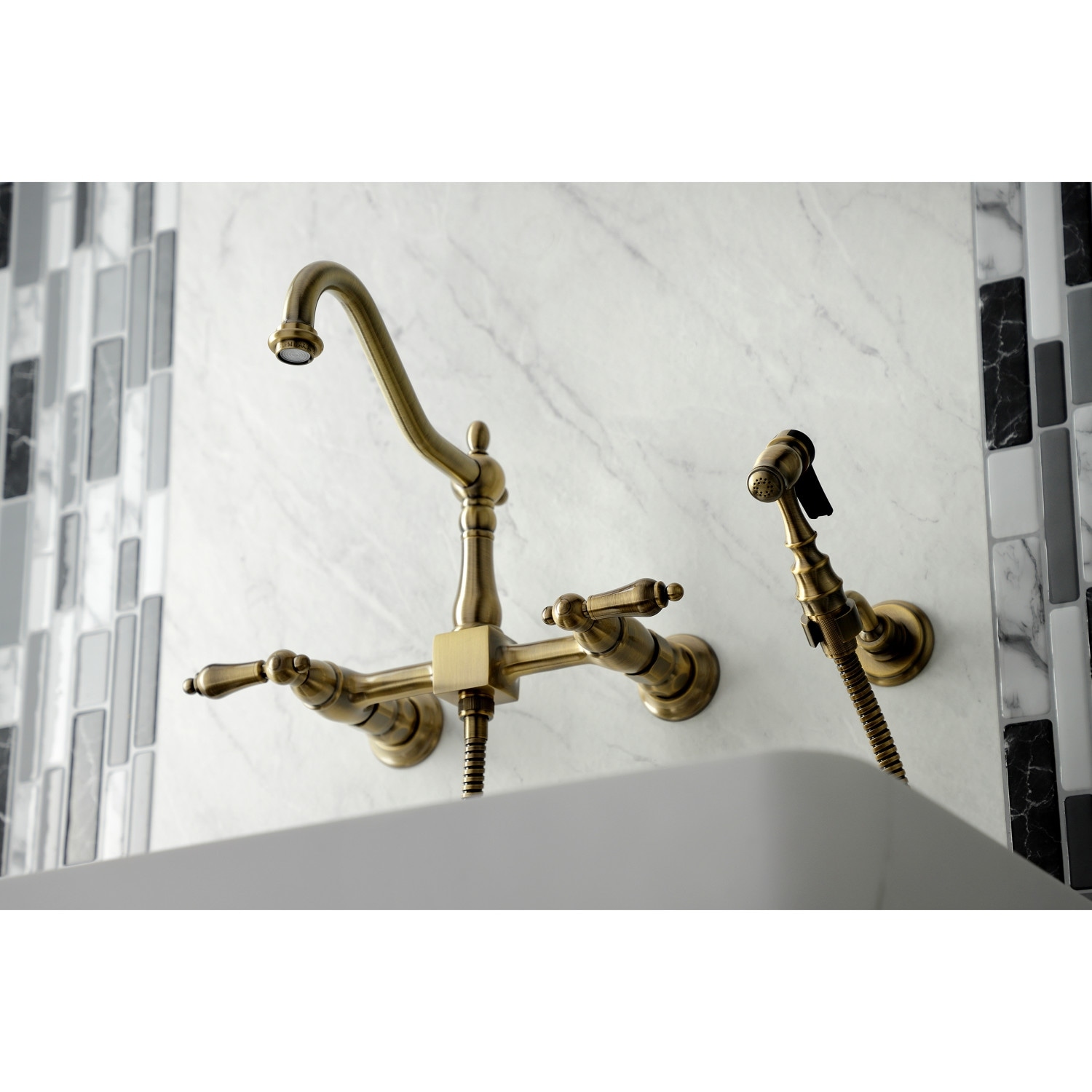 Heritage Two-Handle Wall Mount Bridge Kitchen Faucet with Brass Sprayer