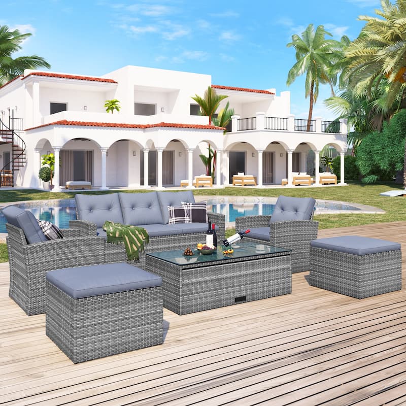 6-Piece All-Weather Wicker PE Rattan Conversation Sectional Set with Coffee Table