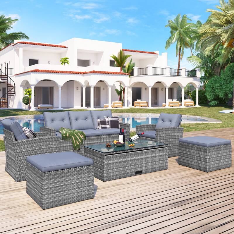 6-Piece Rattan Conversation Sofa Set with Table & Ottomans