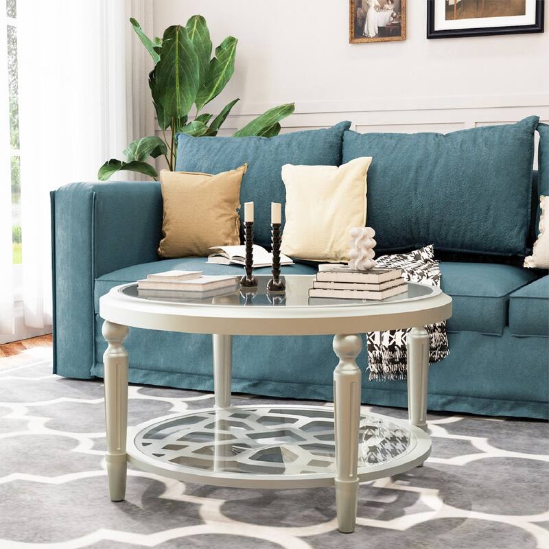SUNBURY Silver Solid Wood Tempered Glass Coffee Table,Console Table - 32''Wx32''Dx18''H