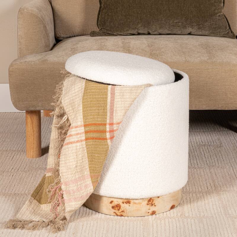 Round Boucle Upholstered Storage Stool with Removeable Lid