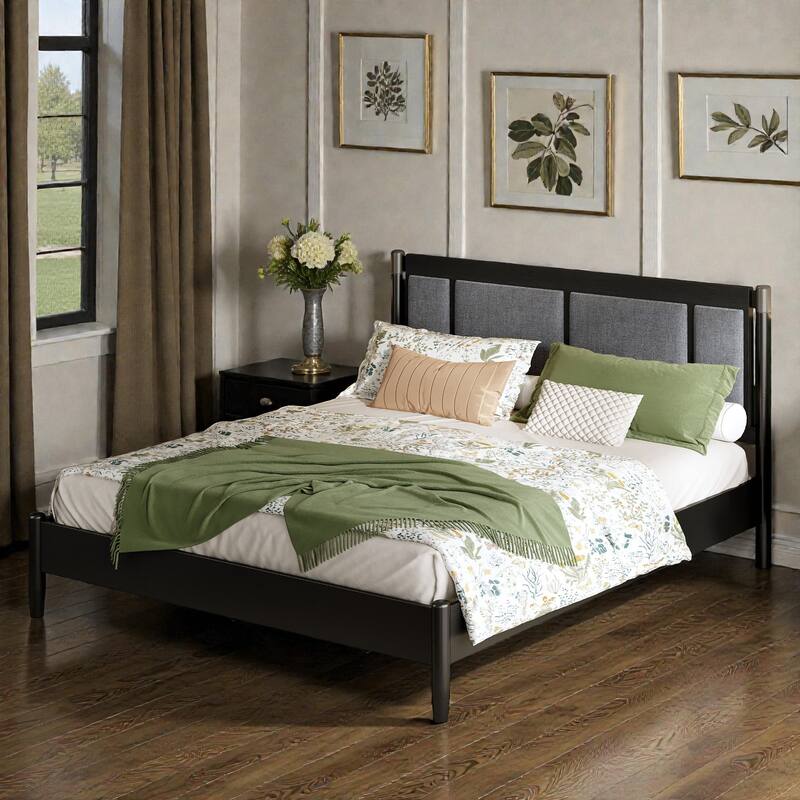 Solid Wood Platform Bed with Upholstered Headboard and Metal Handles, Heavy Duty 500 lbs Support, No Box Spring