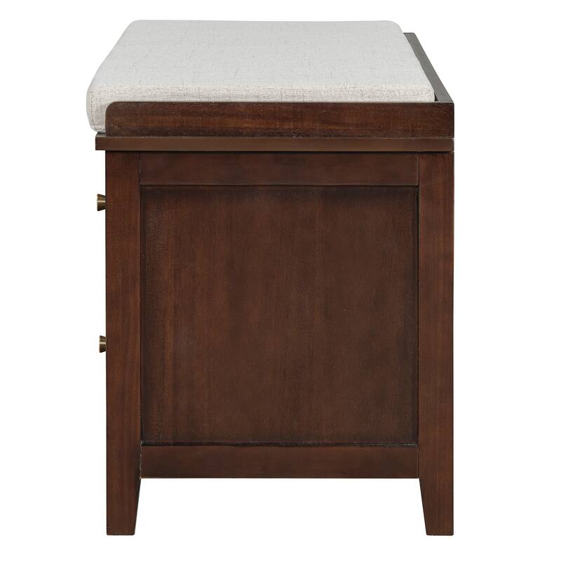 Wood Frame Bench with Shoe Storage, Shoe Bench with Rattan Arched Door and 2 Drawers Entryway Fabric Upholstered Bench