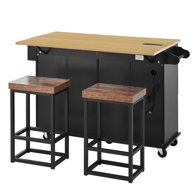 Farmhouse Kitchen Island on Wheels with Drop Leaf, 2 Seating & Power Outlet