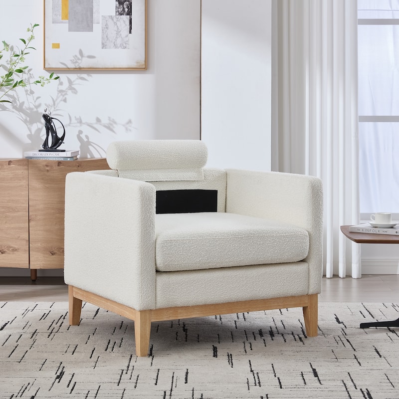 Farmhouse Performance Accent Chair with Natural Wood Legs, Wood Base Reading Armchair Single Sofa with Two Bolster Pillows