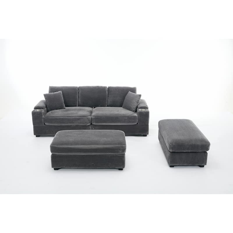 GDFStudio - Seraphina Modular Corduroy Convertible Sectional Sofa Bed with USB and Stainless Steel Cup Holders