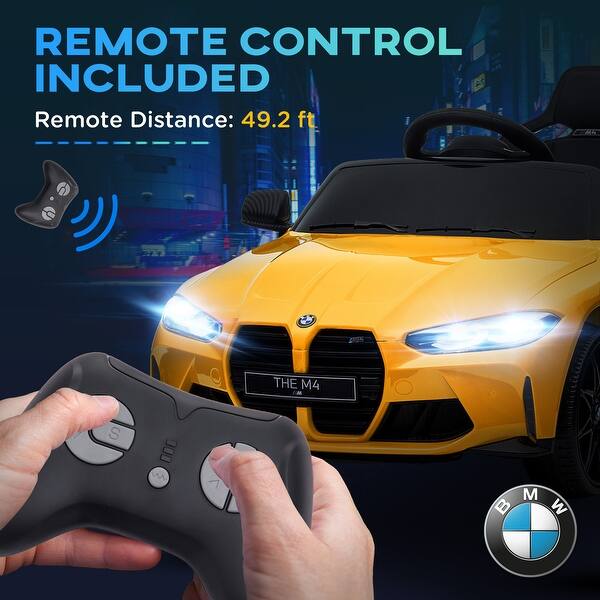 slide 2 of 9, 12V BMW M4 Licensed Kids Electric Car with Parent Remote Control, Suspension, LED Lights & Soft Start (Yellow) Yellow