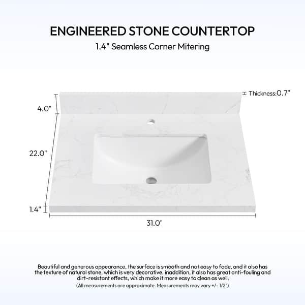 dimension image slide 21 of 22, Malaga Composite Stone Vanity Top with White Rectangular Sink