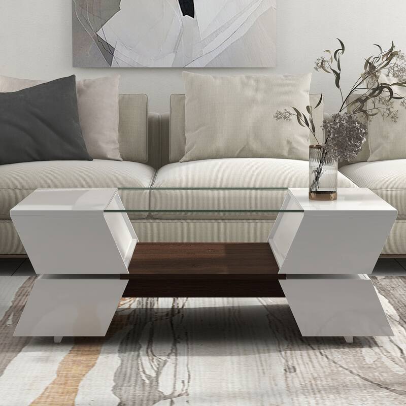 6mm Glass-Top Coffee Table with Open Shelves and Cabinets,Geometric Style Table with Great Storage Capacity,2-Tier Center Table